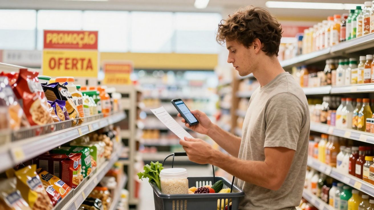 Jovem no supermercado verifica lista de compras no papel enquanto segura smartphone e cesta com alimentos.