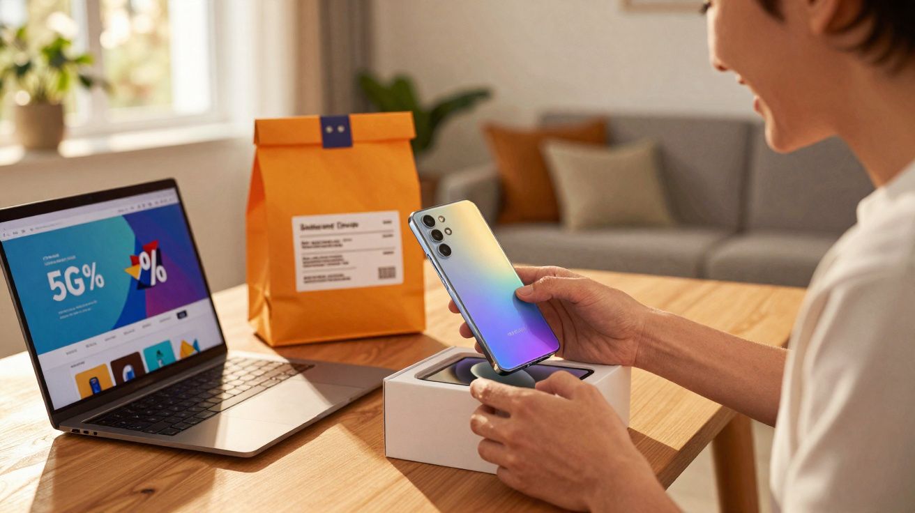 Pessoa desembrulhando smartphone novo em mesa com notebook e pacote laranja ao fundo.