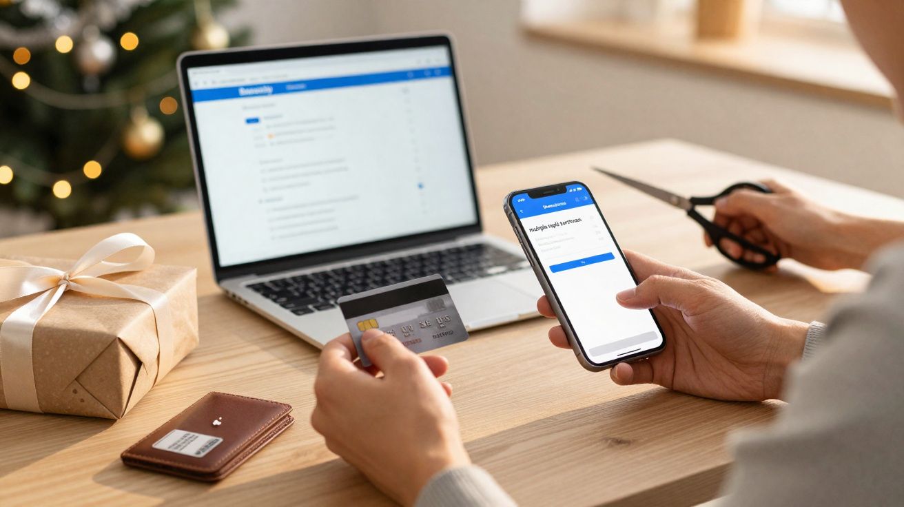 Pessoa fazendo compras online com celular, cartão de crédito e laptop em mesa com presente e tesoura.