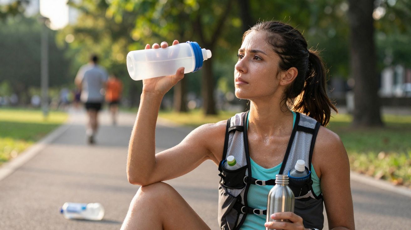 Mulher suada sentada no parque hidratando-se após corrida, segurando duas garrafas de água.