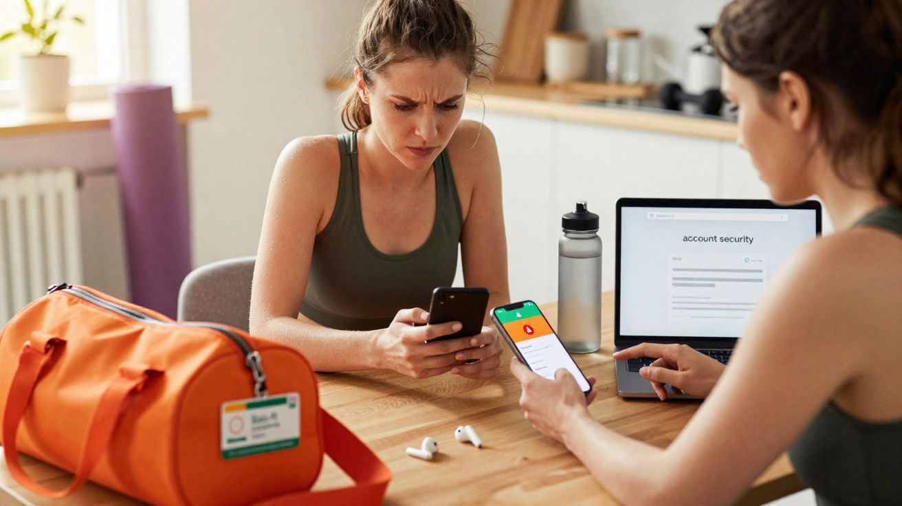 Duas mulheres em roupa esportiva consultam celular na mesa com mochila laranja, laptop e fones de ouvido.