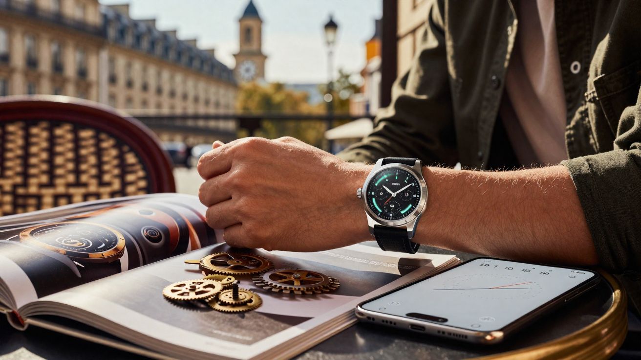 Braço masculino com relógio elegante, engrenagens de relógio, revista aberta e celular sobre mesa em café ao ar livre.