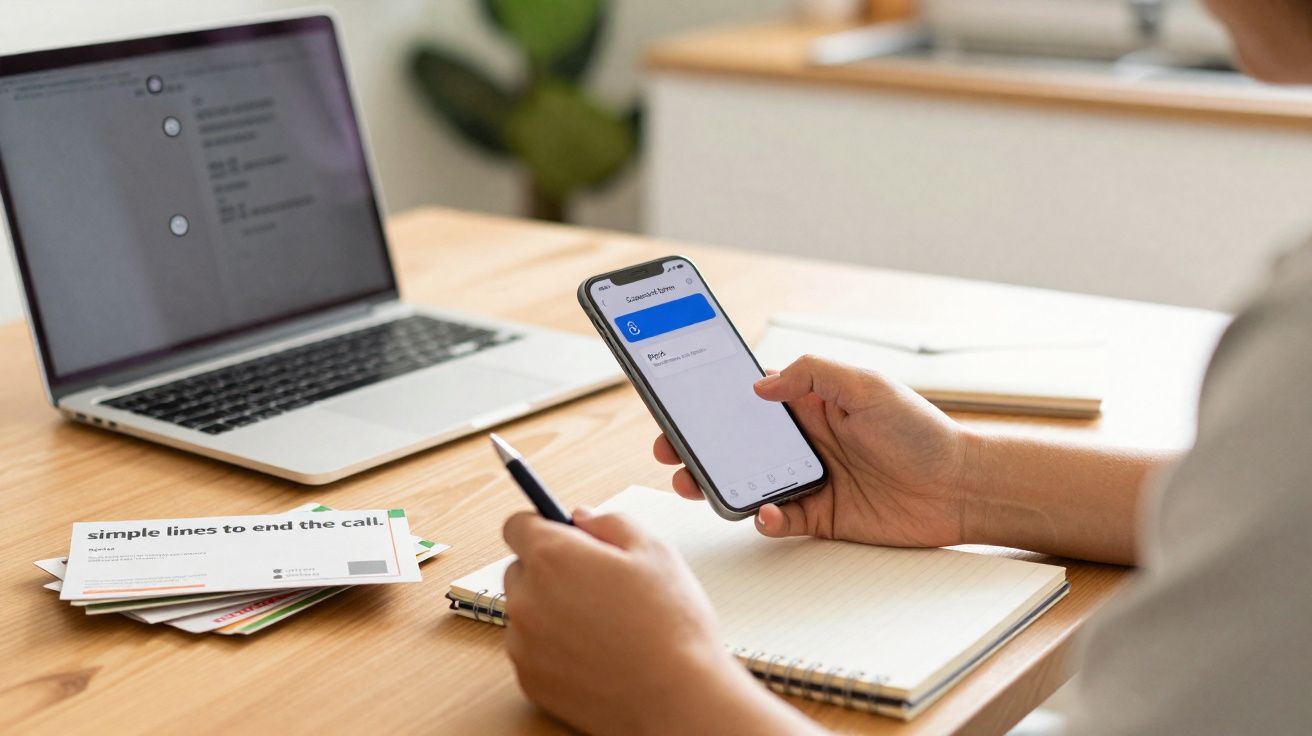 Pessoa segurando celular com aplicativo aberto, com notebook, caderno e papeis sobre mesa de madeira.