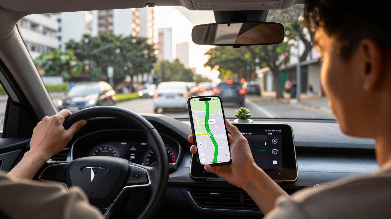 Pessoa segurando celular com GPS dentro de carro Tesla à frente da rua em dia ensolarado.