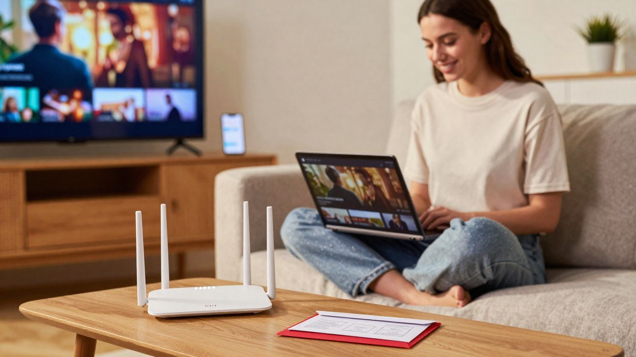 Mulher sorrindo sentada no sofá usando notebook com roteador e TV ao fundo em sala de estar.