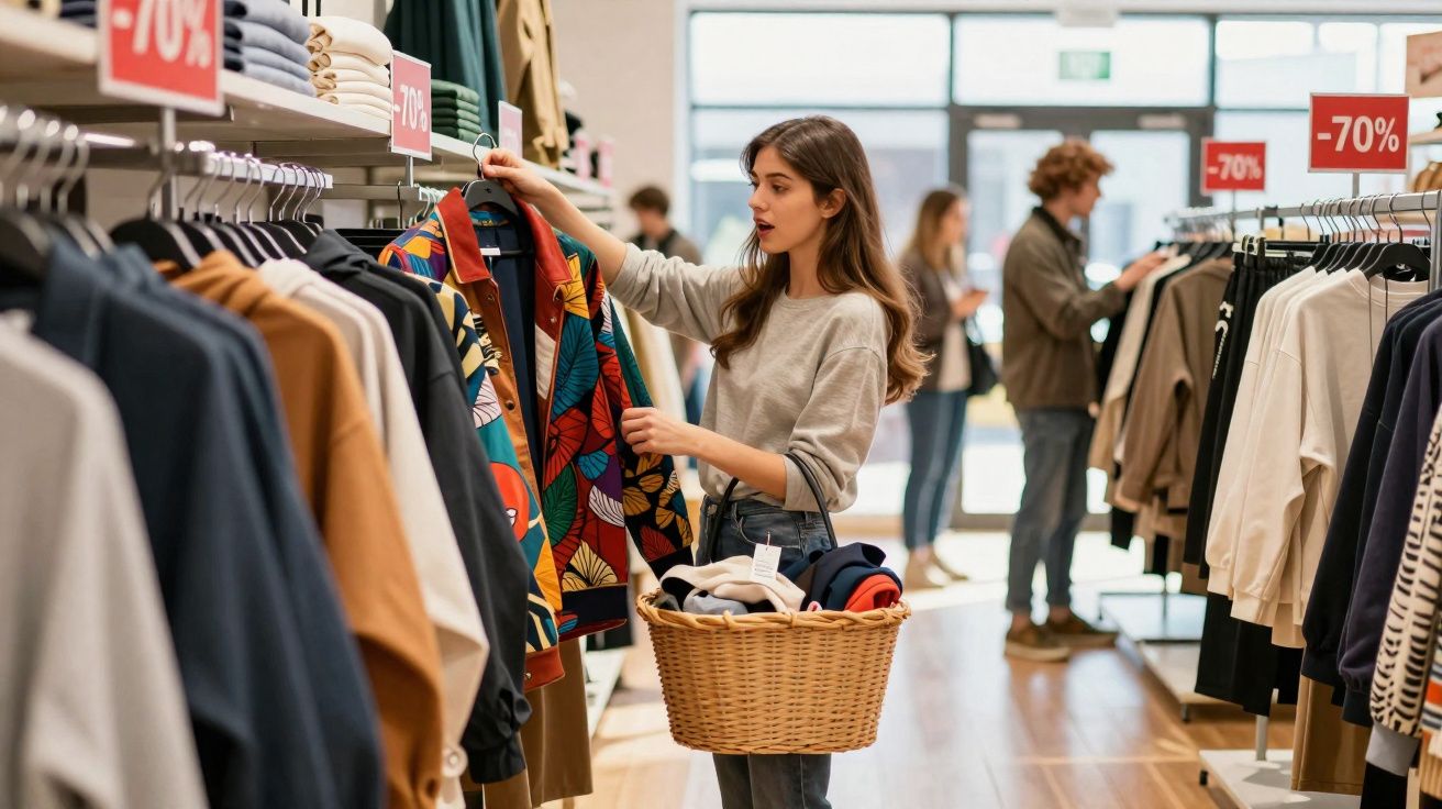 Mulher com cesta de roupas escolhe jaqueta colorida em loja com descontos de 70% nas araras.
