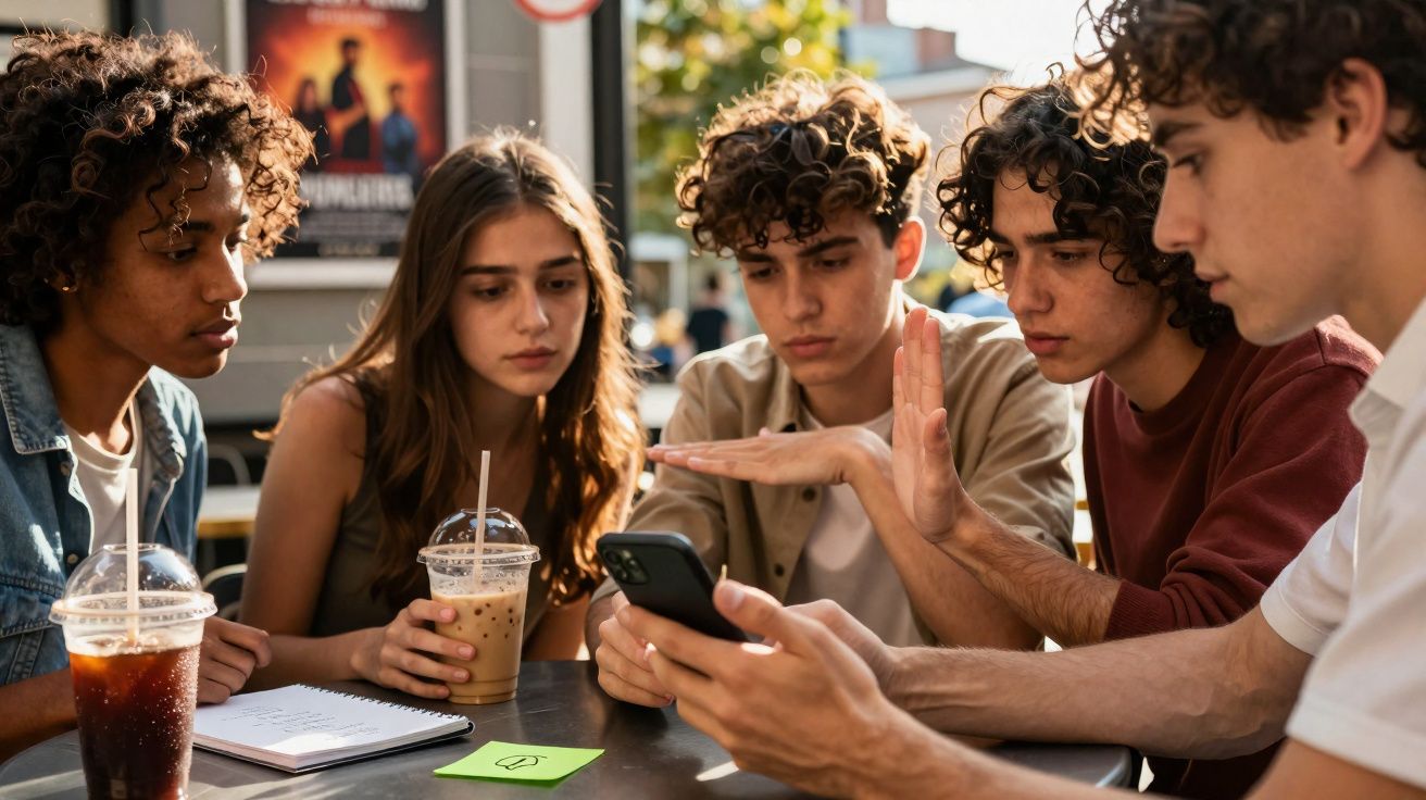 Grupo de jovens sentados em mesa ao ar livre, olhando concentrados para um celular na mão de um deles.