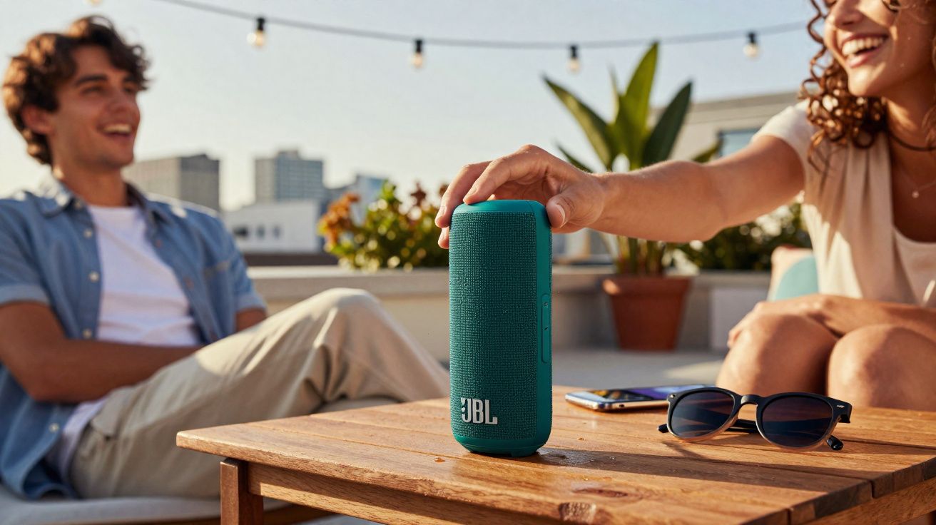 Pessoa ajusta caixa de som JBL azul em mesa de madeira enquanto conversa com outra em ambiente externo.