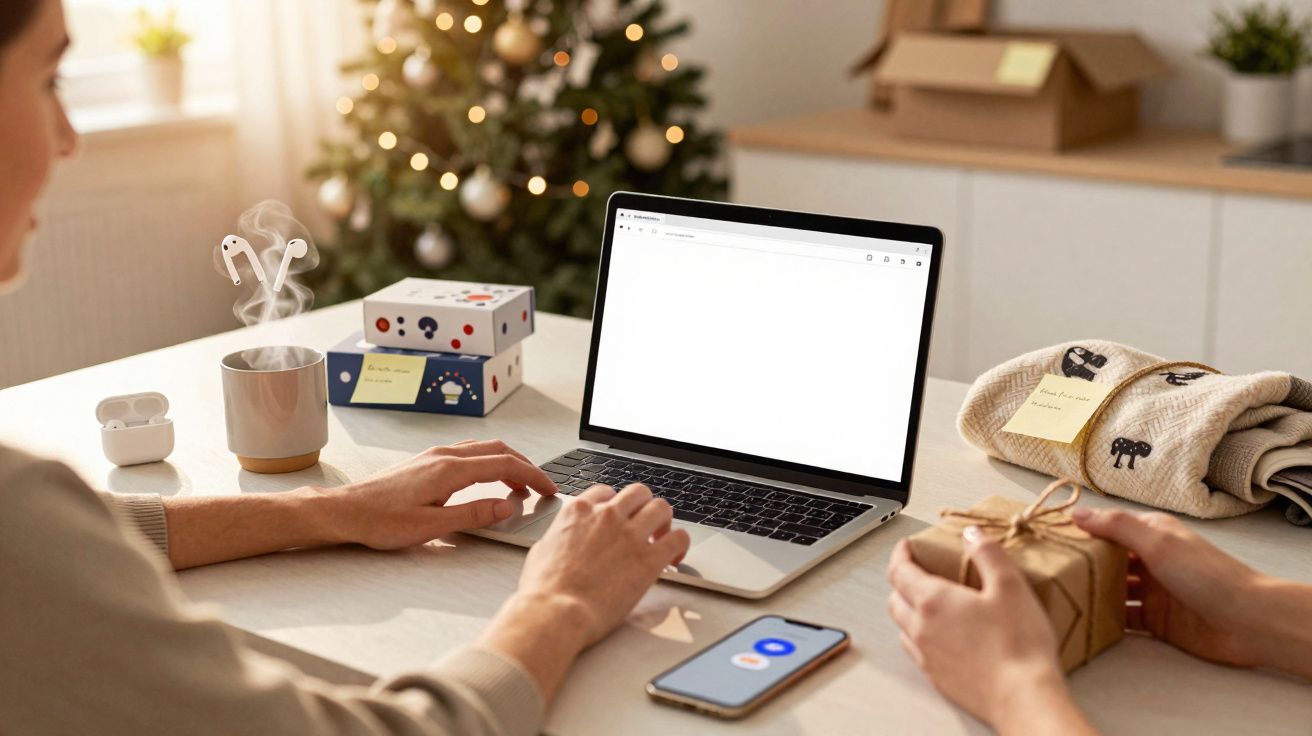 Pessoa digitando em laptop com presentes de Natal, celular e fones de ouvido sobre mesa clara.