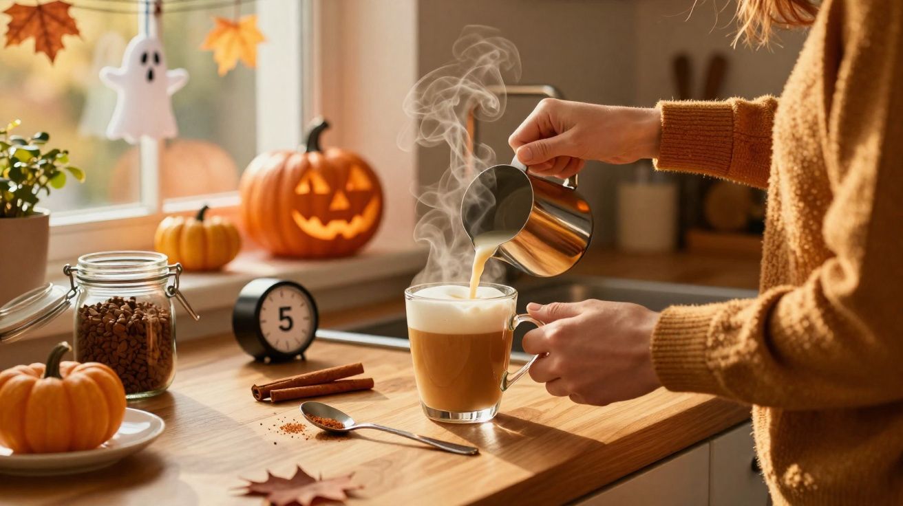 Pessoa servindo café com creme em xícara, decoração de Halloween com abóboras na cozinha iluminada.