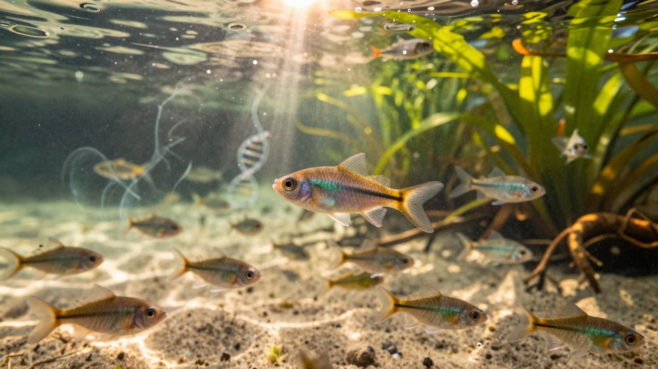 Peixes pequenos nadando em água clara com luz solar entrando na superfície e plantas aquáticas ao fundo.