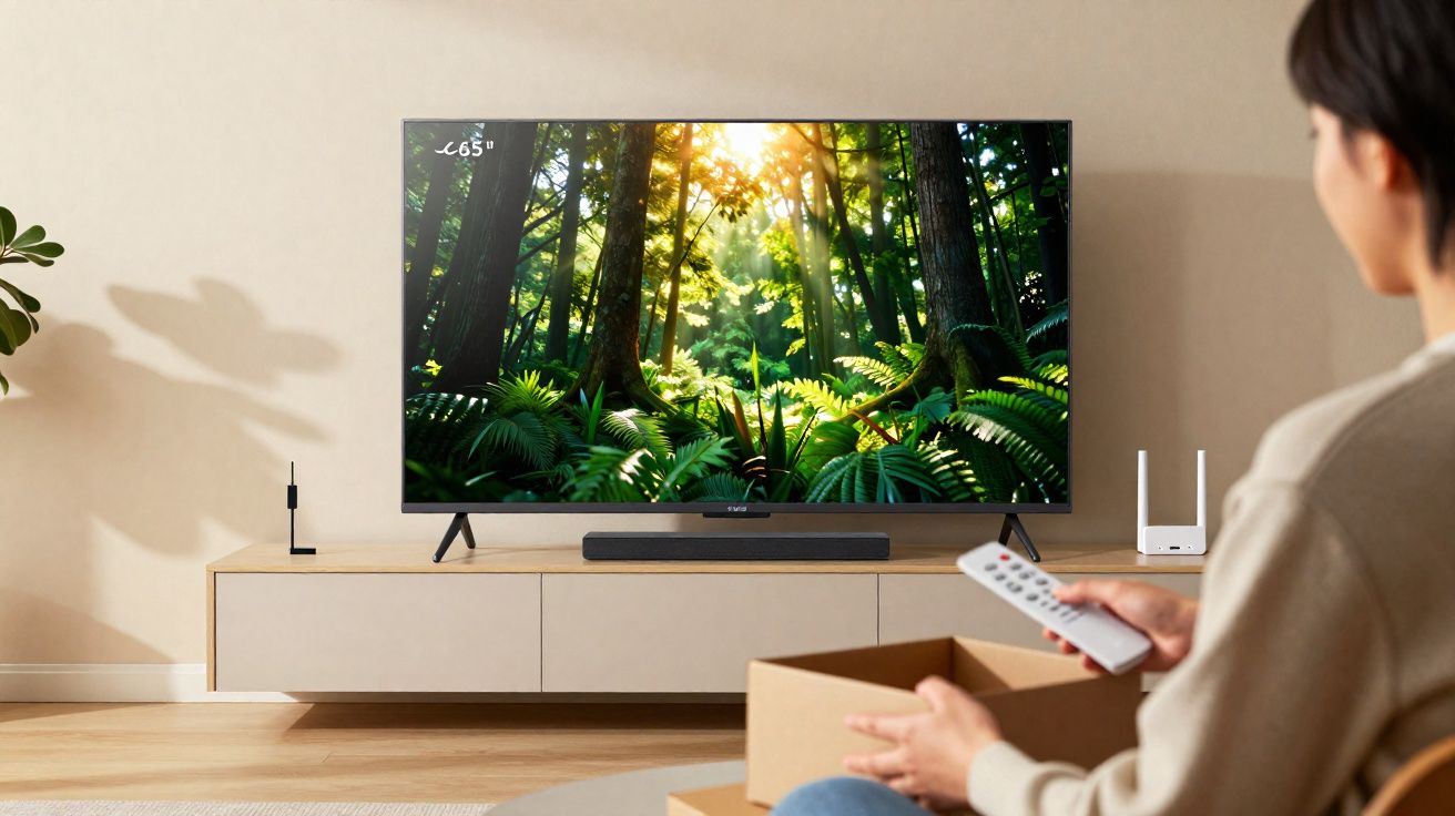 Pessoa segurando controle remoto assistindo TV em sala com imagem de floresta iluminada pelo sol.