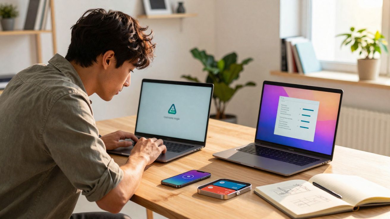 Pessoa trabalhando em mesa com dois notebooks, dois celulares e um caderno aberto em ambiente iluminado.
