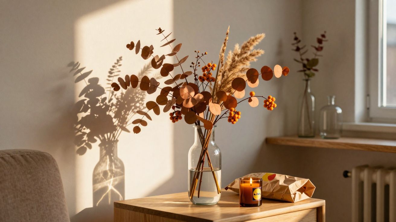 Vaso de vidro com flores secas e vela acesa sobre mesa de madeira em ambiente iluminado pelo sol.