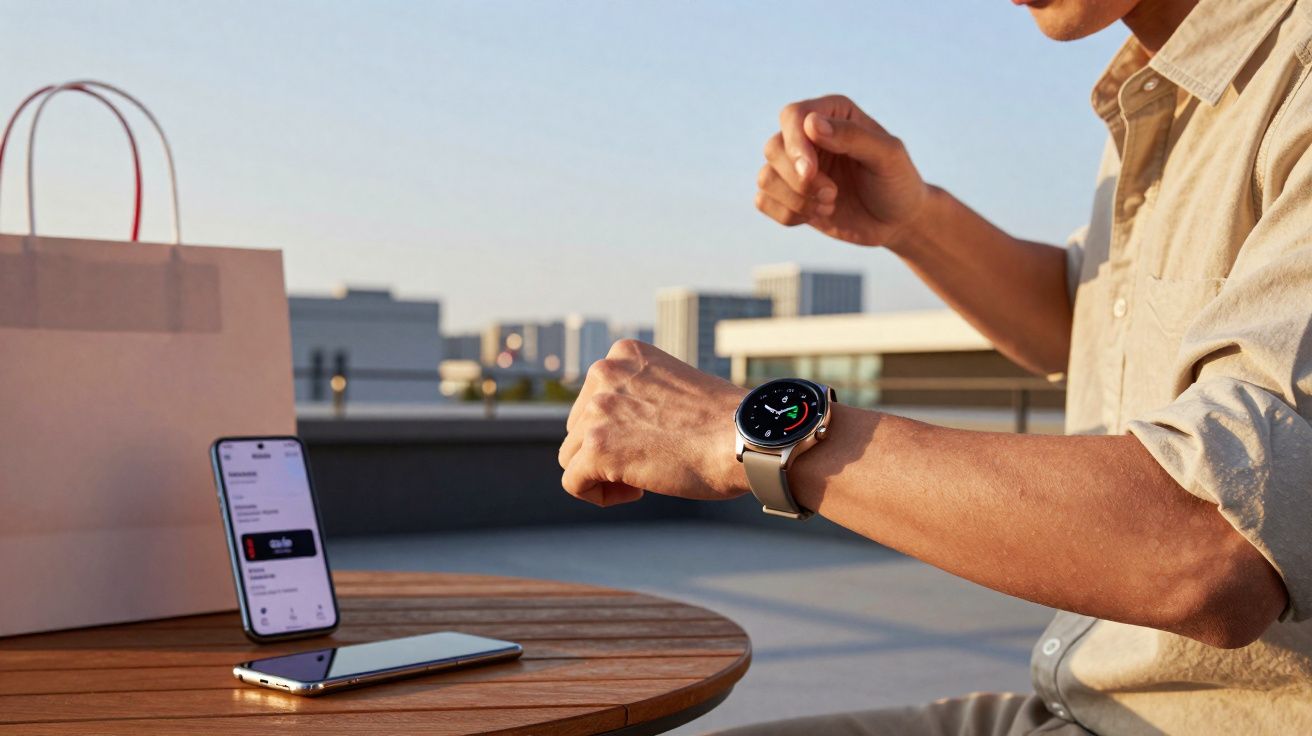 Pessoa conferindo dados em relógio inteligente ao ar livre com celular e sacola sobre mesa de madeira