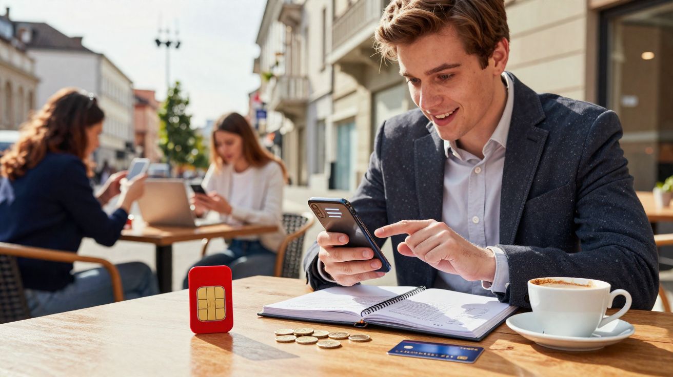 Homem jovem usando celular em café ao ar livre com notebook, moedas, cartão e chip na mesa.