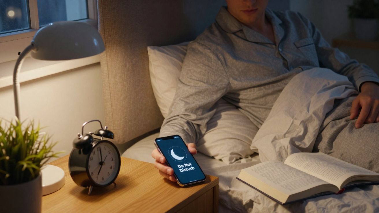 Homem de pijama na cama ativando modo "Não Perturbe" no celular ao lado de livro aberto e despertador.