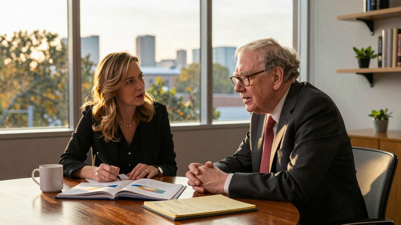 Duas pessoas em reunião de negócios em escritório, com gráficos e anotações sobre a mesa.