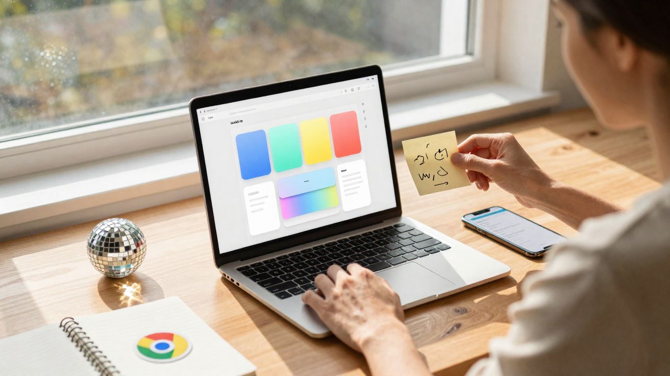 Pessoa usando laptop com interface colorida, segurando post-it, celular e bloco de notas com adesivo do Chrome.