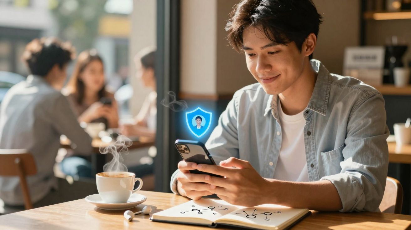 Homem sorridente usando celular em cafeteria, com xícara de café, caderno aberto e ícone de segurança digital.