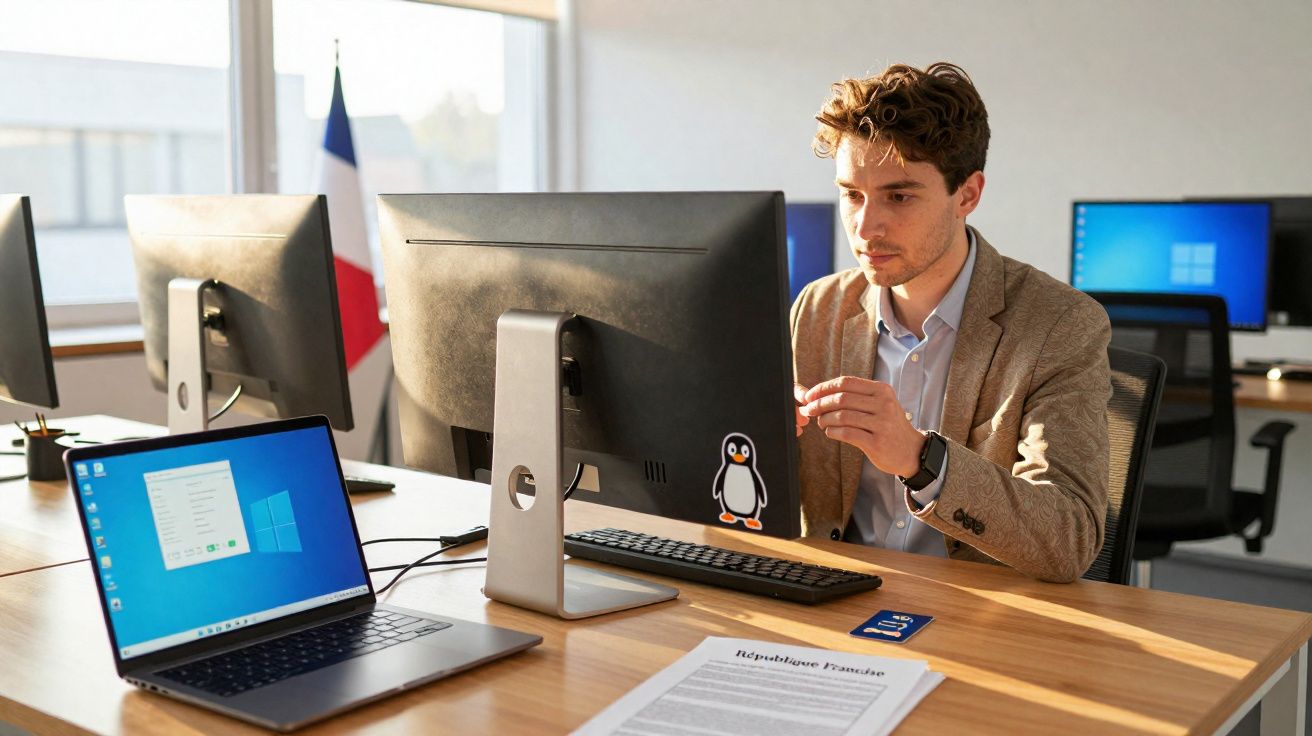 Homem trabalhando em escritório moderno com computadores e bandeira da França ao fundo.