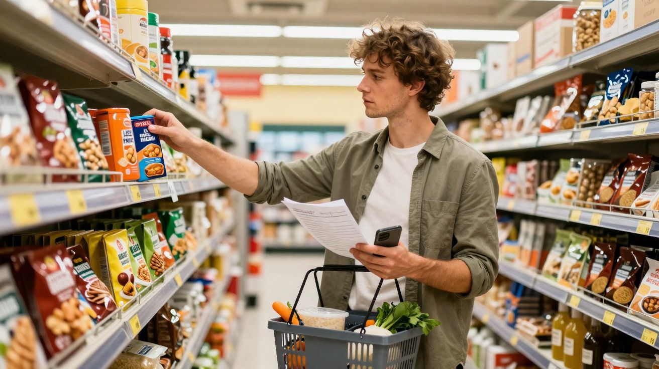 Homem jovem escolhendo produto em prateleira de supermercado, com cesta de compras e lista na mão.