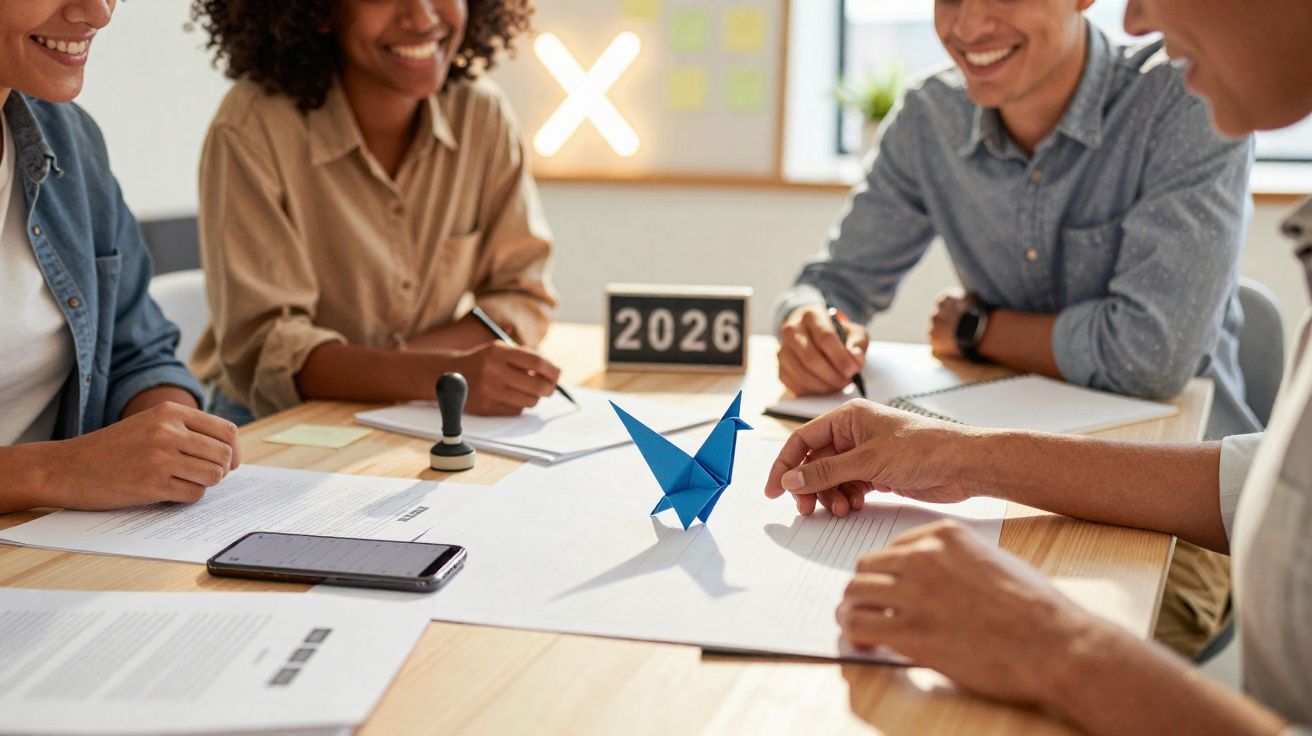 Quatro pessoas em reunião com origamis, documentos e calendário mostrando o ano 2026 na mesa.