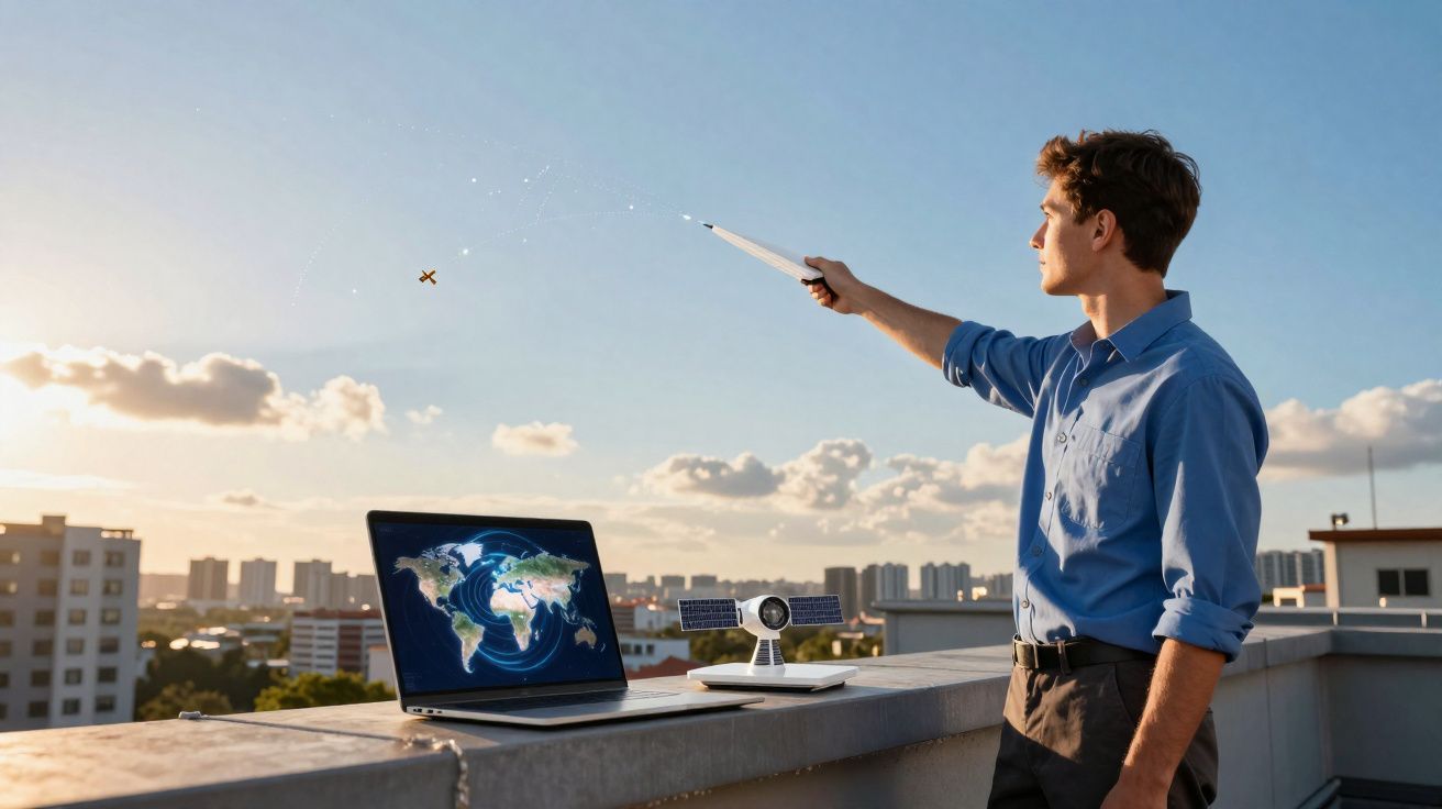 Jovem em telhado controla drone com controle, ao lado de notebook e miniatura de satélite.