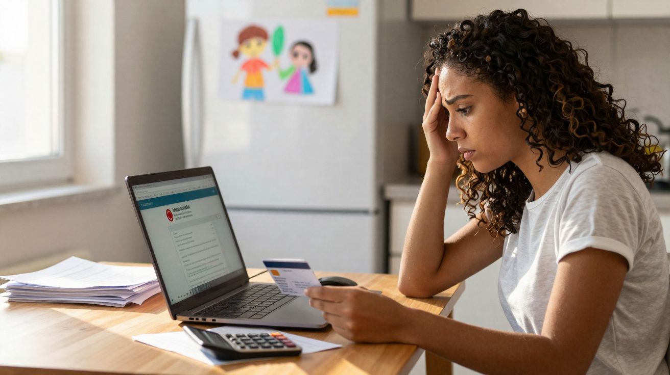 Mulher preocupada usando cartão de crédito para pagamento online no notebook em cozinha.