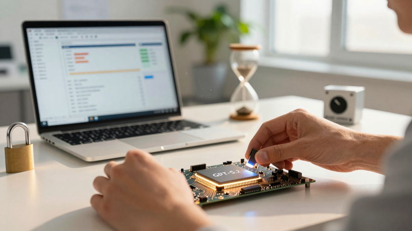 Pessoa manipulando placa de circuito com etiqueta GPT-3.5 em mesa com laptop e objetos de escritório.