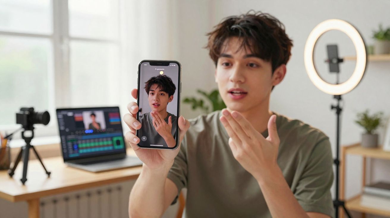 Jovem gravando vídeo com smartphone em ambiente de estúdio caseiro com luz circular e câmera.