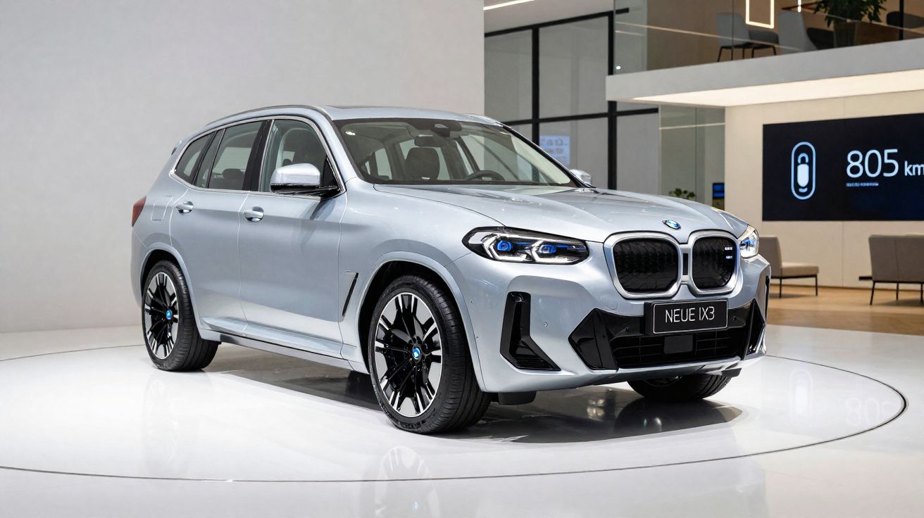 Carro SUV BMW prata modelo Neue IX3 exposto em salão automotivo moderno.