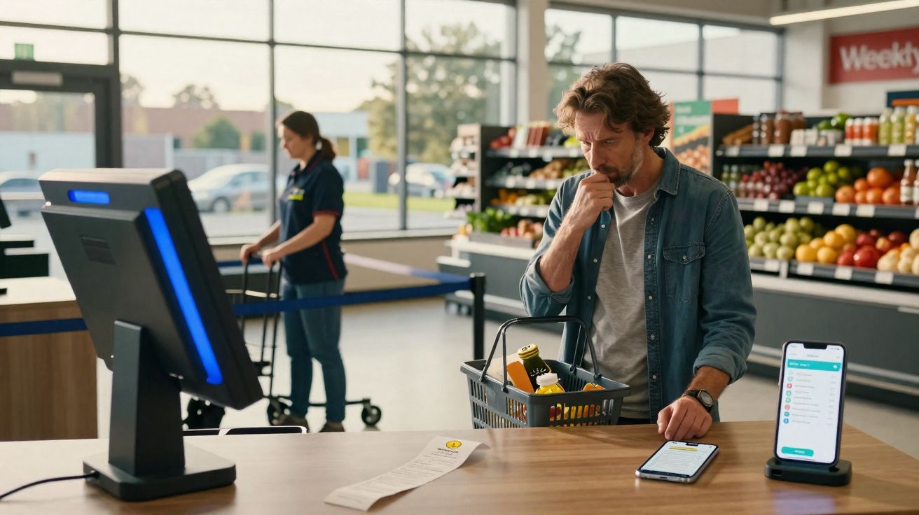 Homem analisando celular enquanto faz compras em supermercado moderno com caixa eletrônico.
