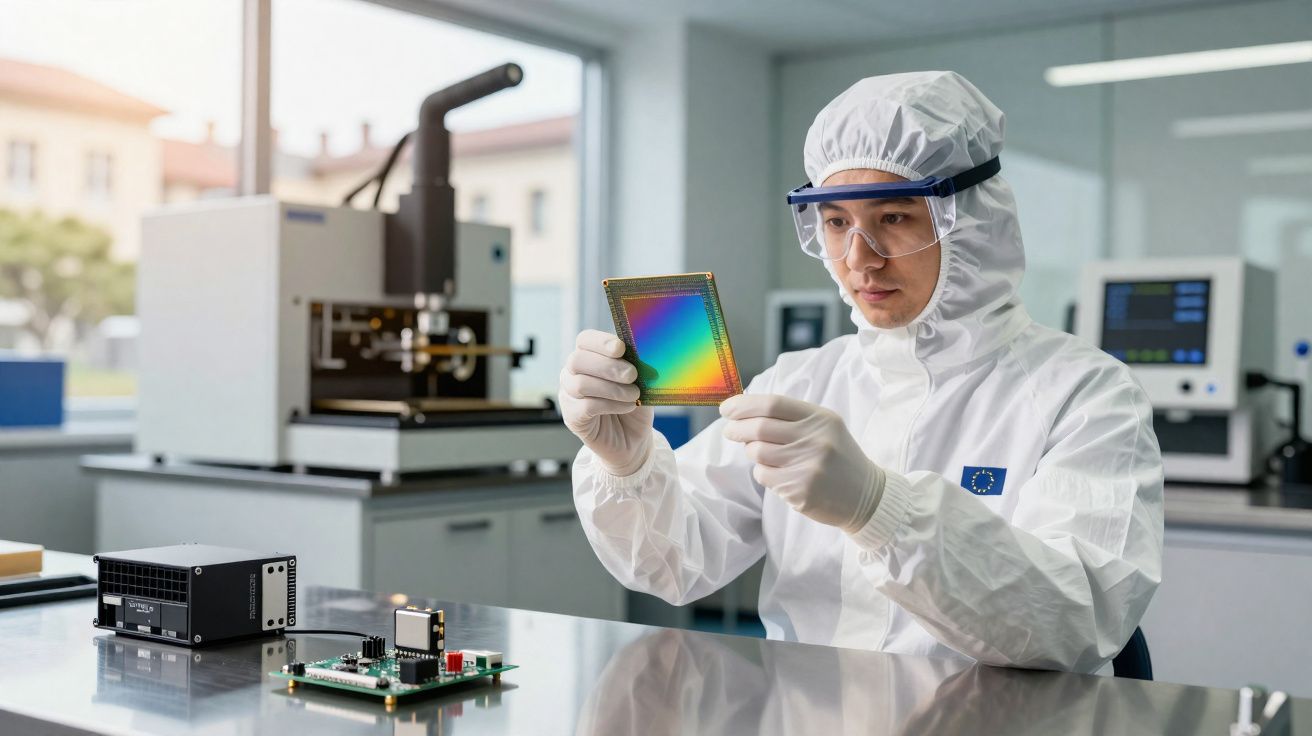 Cientista em traje limpo analisando chip colorido em laboratório tecnológico moderno.