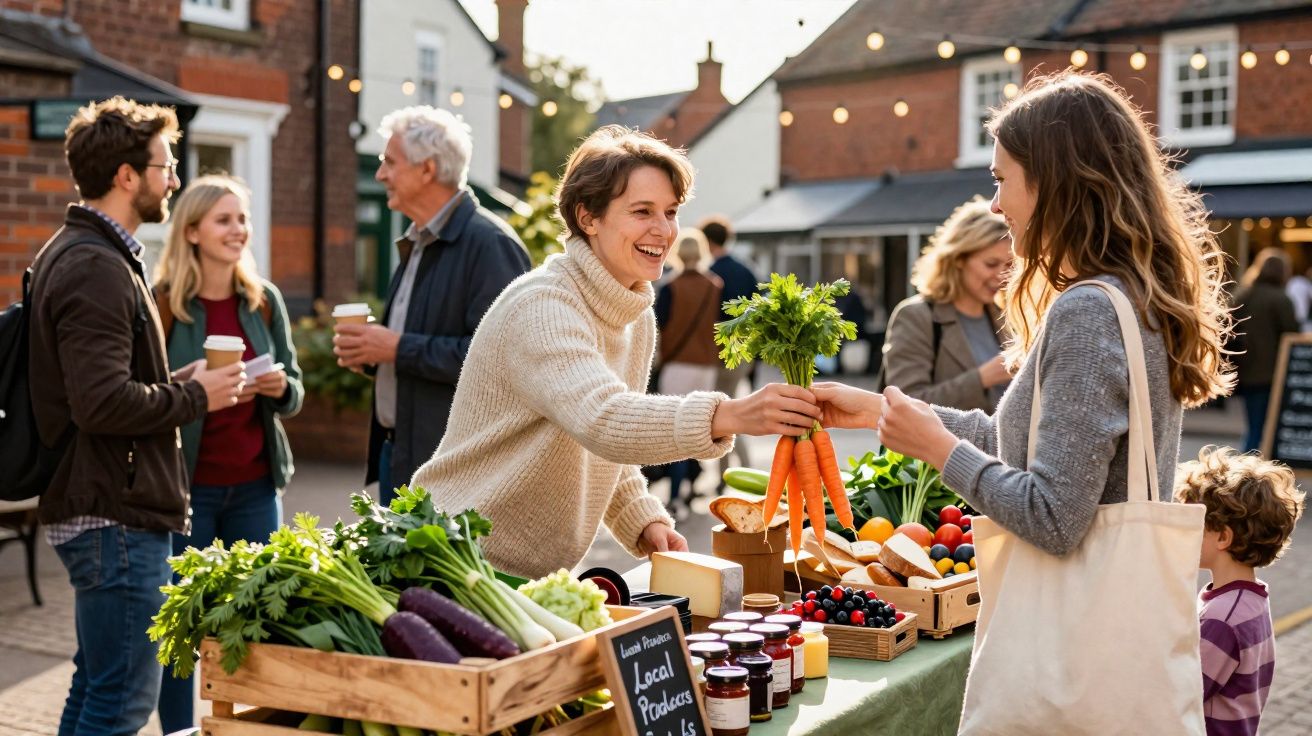 Feira ao ar livre com pessoas comprando e vendendo vegetais frescos, como cenouras e berinjelas.
