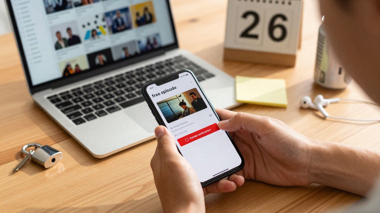 Pessoa segurando smartphone com vídeo na tela, ao lado de notebook, calendário e fones de ouvido em mesa.