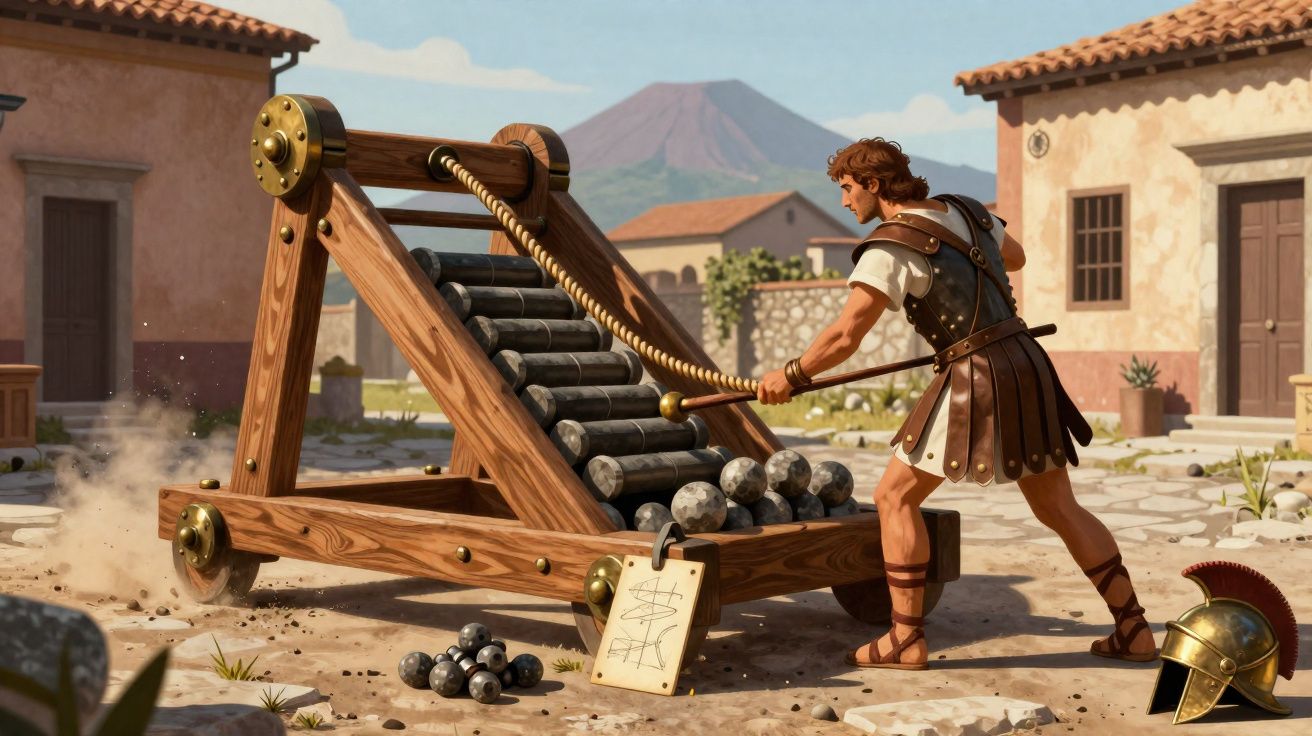 Homem romano manuseia catapulta de madeira com bolas de pedra em vilarejo histórico.