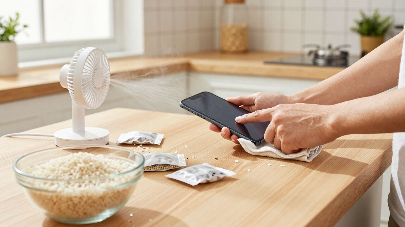 Pessoa usando ventilador portátil para resfriar celular na cozinha com grãos e saquinhos na mesa.