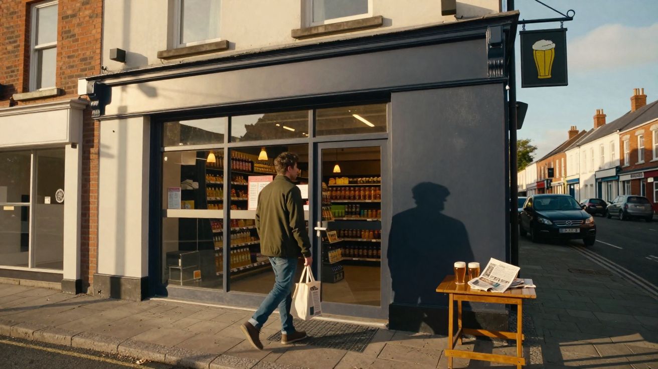 Homem entrando em loja de bebidas com copos de cerveja e jornal sobre mesa na calçada.