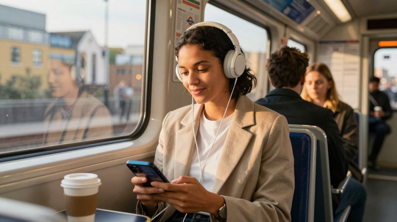 Jovem negra com fones de ouvido usa celular em trem, com café e pessoas ao fundo.