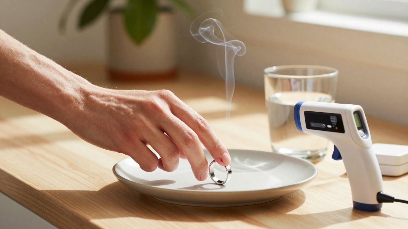 Mão segurando aliança sobre prato com fumaça, termômetro infravermelho e copo de água em mesa de madeira.