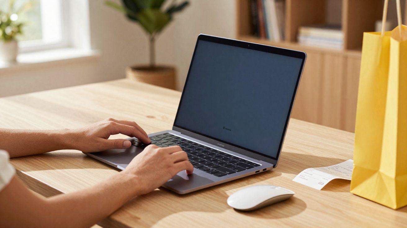 Pessoa usando laptop em mesa de madeira com mouse, sacola amarela e recibo ao lado.