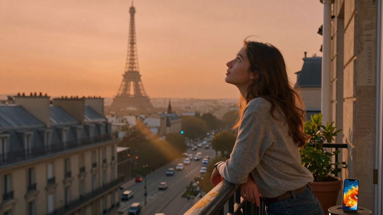 Jovem contemplando a Torre Eiffel ao pôr do sol vista de uma varanda em Paris.