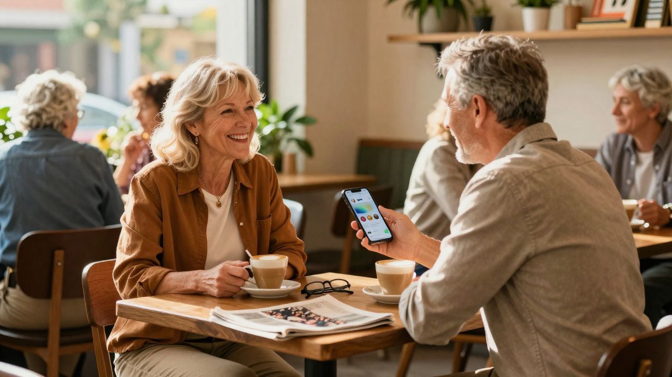 Casal maduro sorrindo e conversando em cafeteria, com café, jornal e celular na mesa.