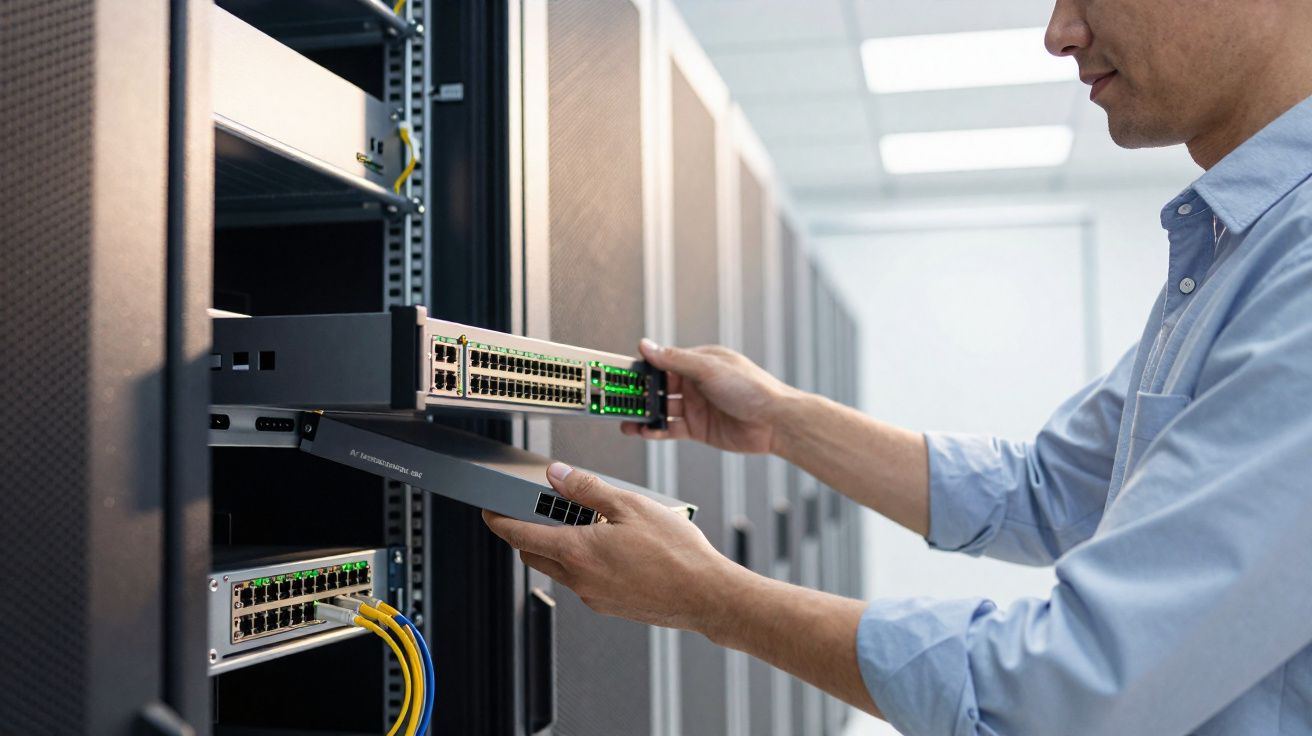 Profissional instalando equipamento de rede em servidor de data center tecnológico.