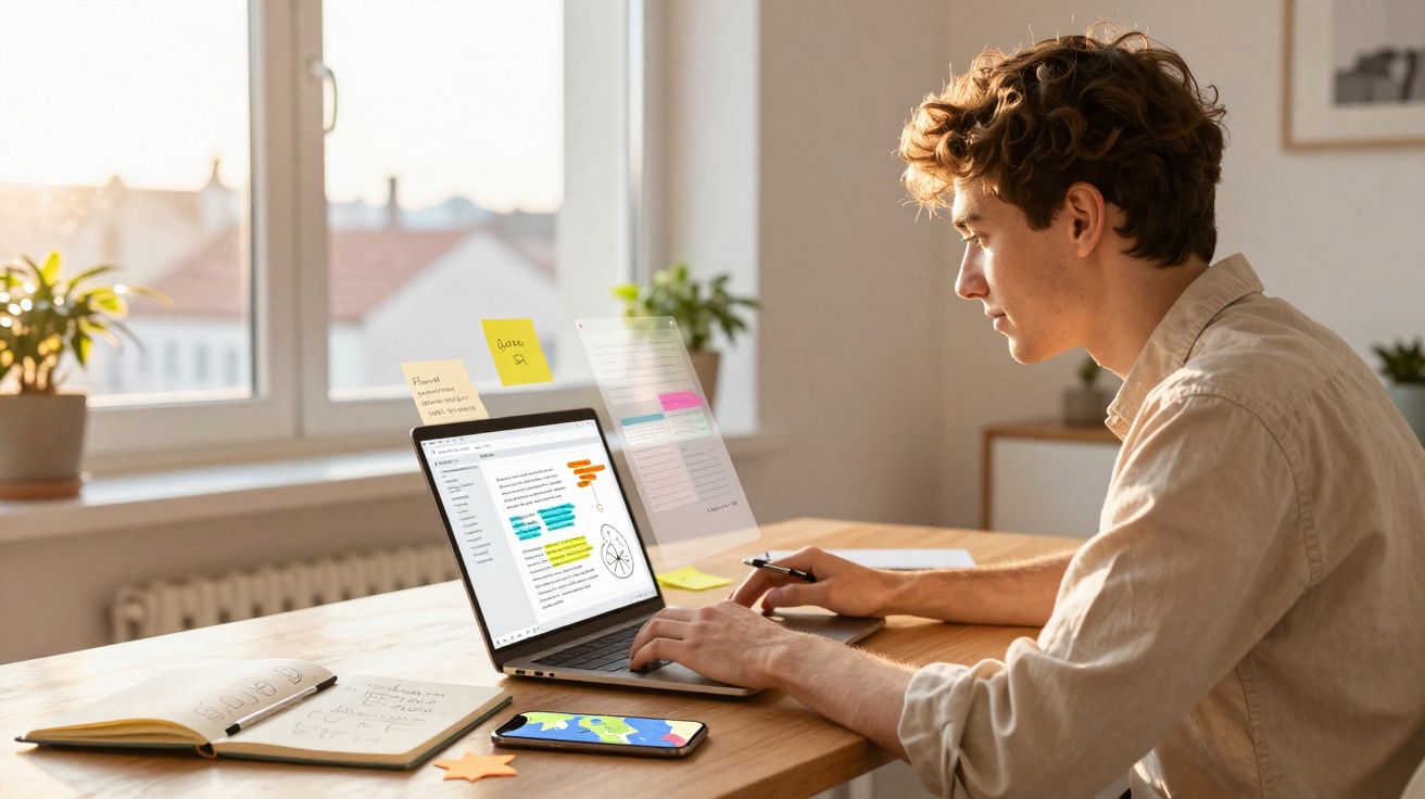 Jovem trabalhando em notebook com anotações coloridas, celular na mesa e ambiente iluminado pela janela.