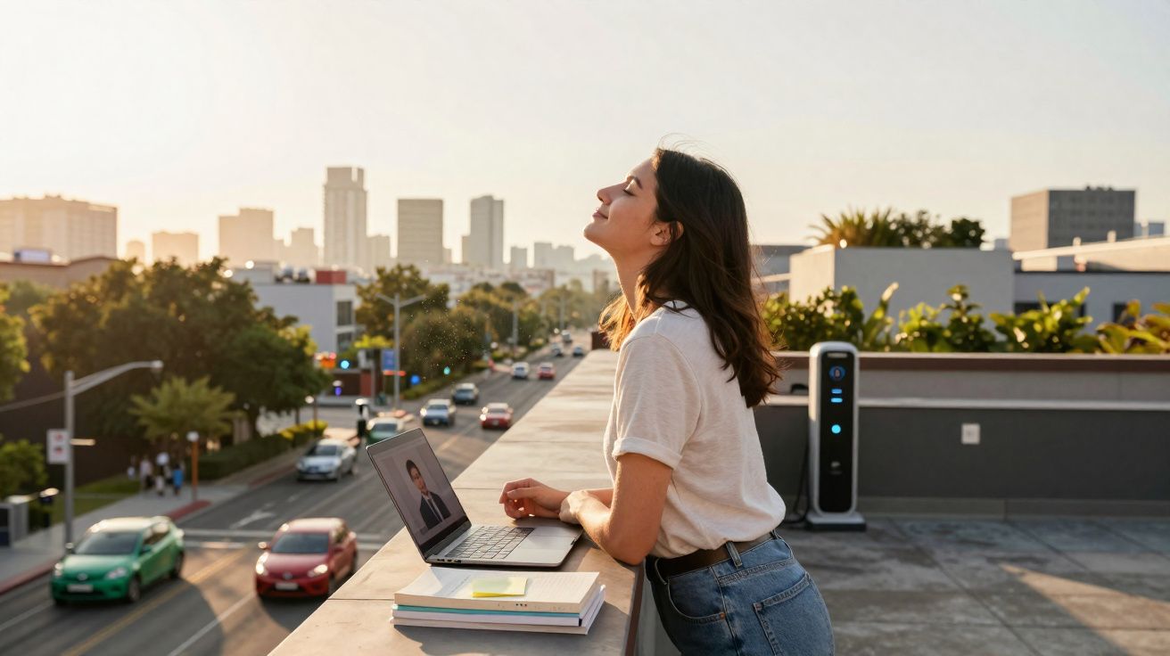 Mulher jovem de camisa branca com laptop e livros aproveitando o sol em varanda urbana ao entardecer.