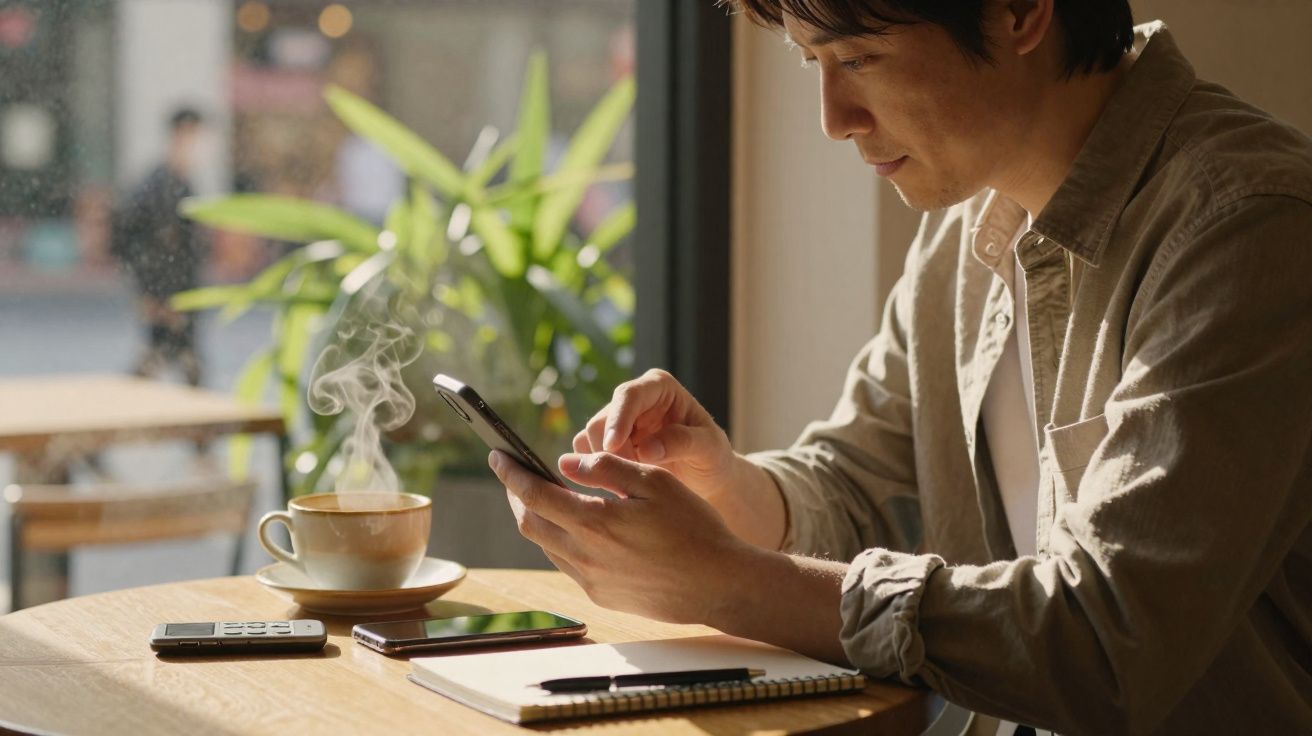 Homem sorridente usando celular sentado à mesa com café quente, caderno e calculadora em cafeteria iluminada.