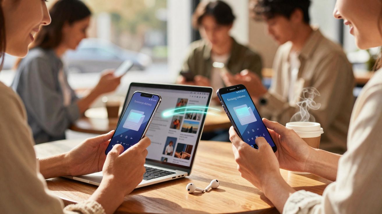 Duas pessoas às mesas compartilhando arquivos entre celulares, com laptop aberto ao fundo e café.