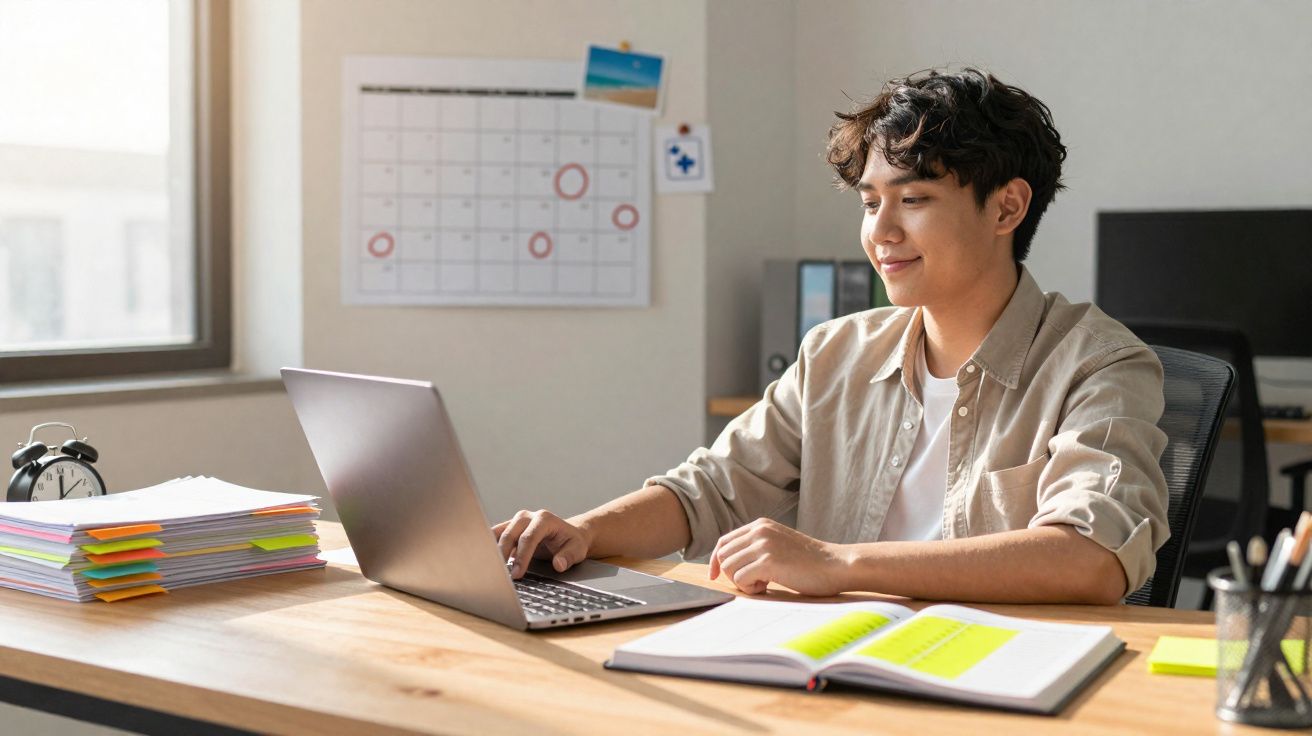 Pessoa jovem sorrindo enquanto usa laptop em mesa com calendário e livros em ambiente de escritório iluminado.